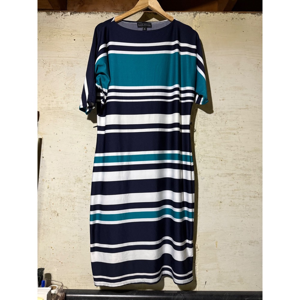 Karin Stevens Womens XL Navy Teal White Striped Short Sleeve Sheath Midi Dress